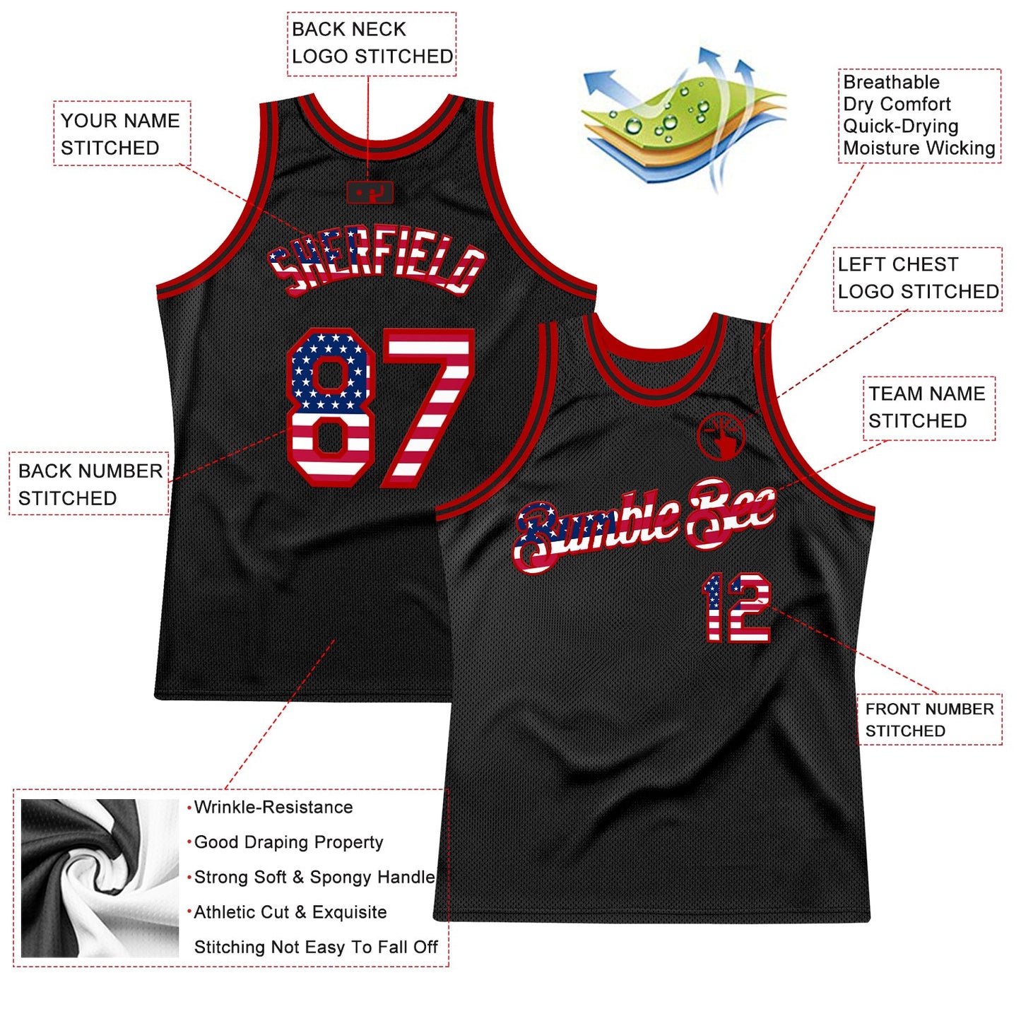 Custom Black USA Flag-Red Authentic Throwback Basketball Jersey view 2