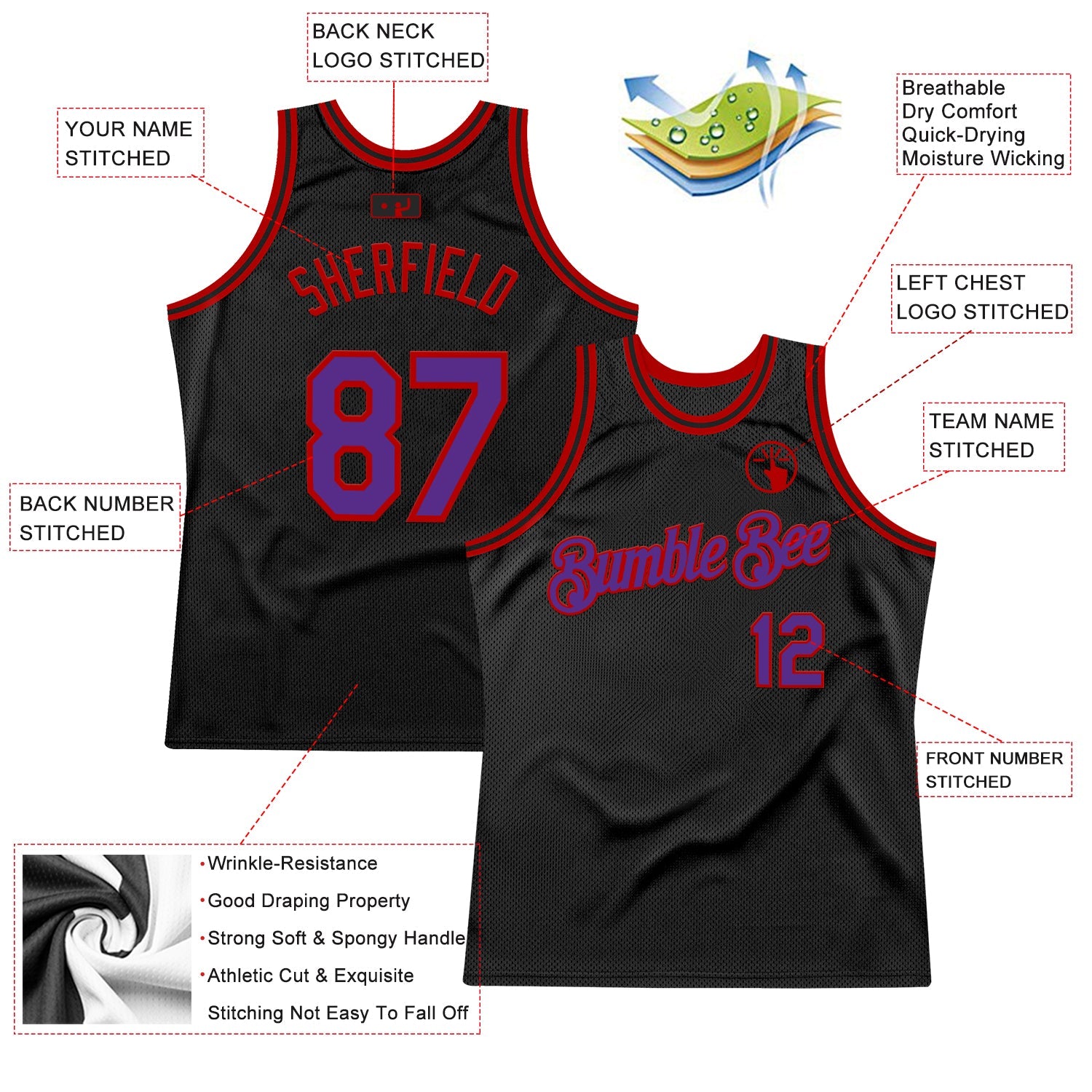 Custom Black Purple-Red Authentic Throwback Basketball Jersey view 2