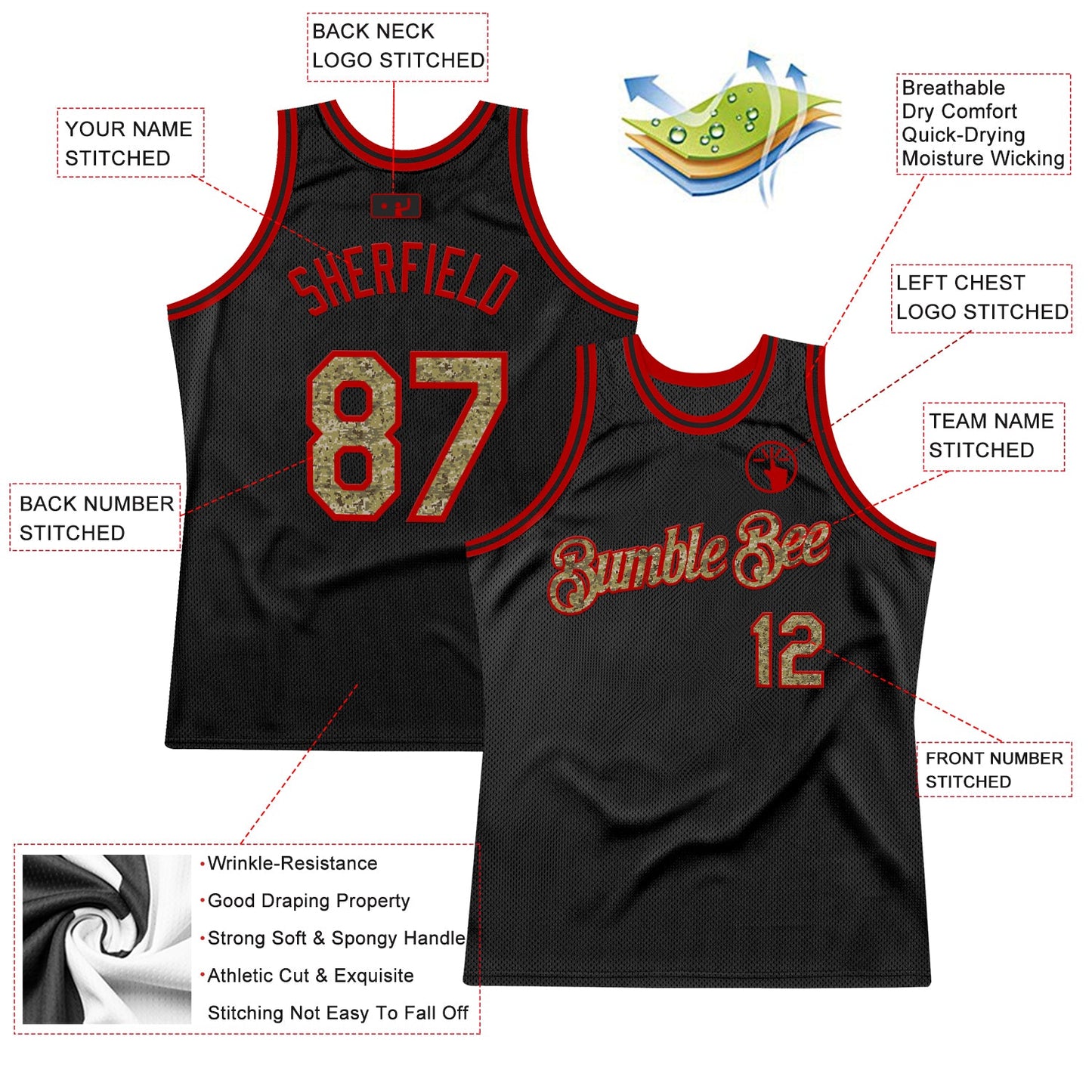 Custom Black Camo-Red Authentic Throwback Basketball Jersey view 2