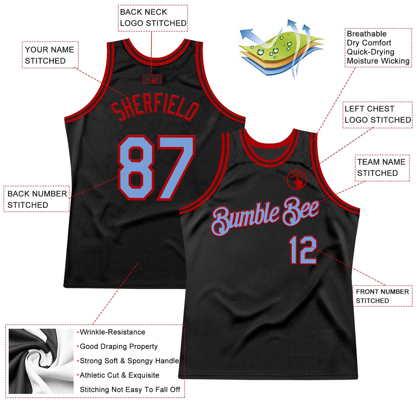 Custom Black Light Blue-Red Authentic Throwback Basketball Jersey view 2