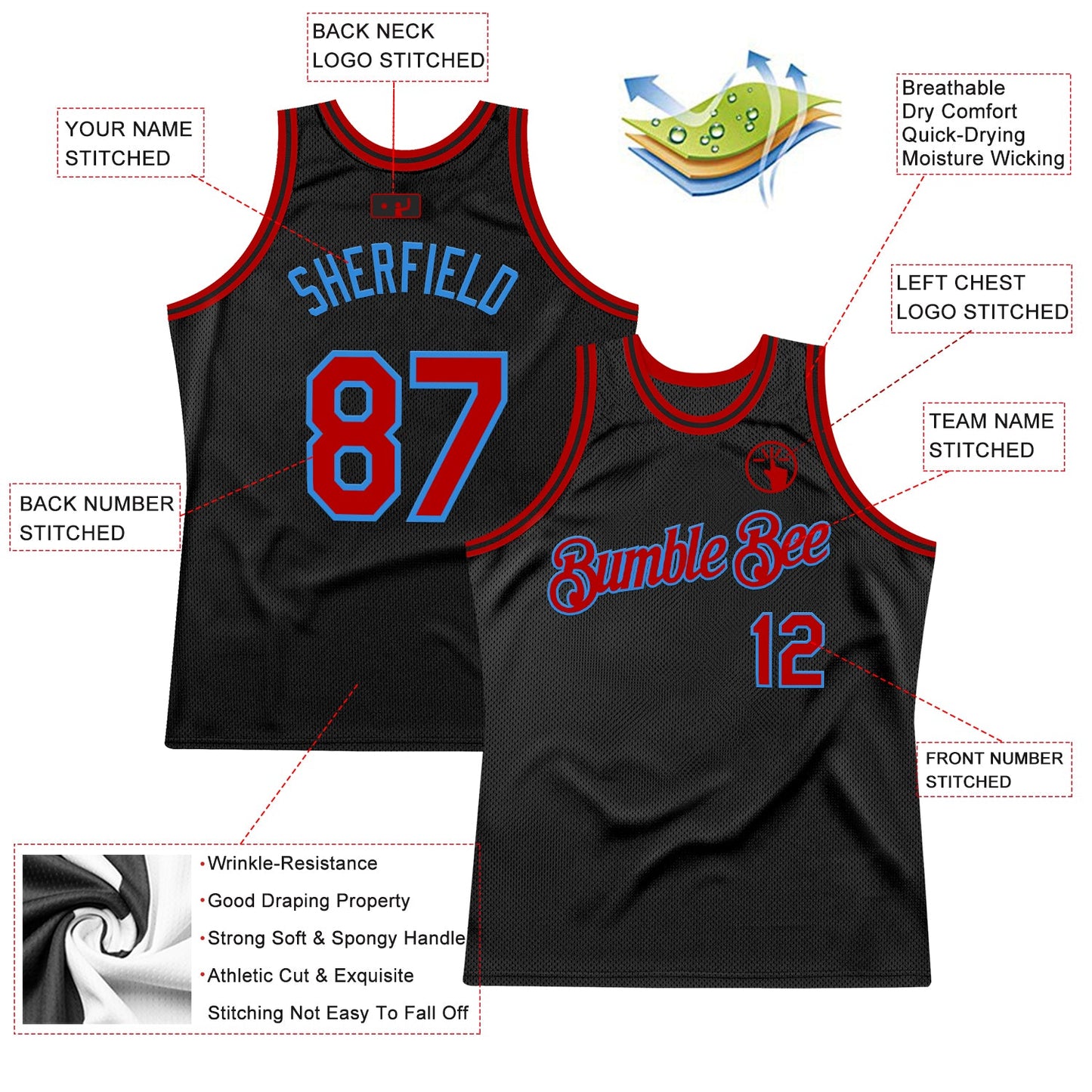 Custom Black Red-Powder Blue Authentic Throwback Basketball Jersey view 2