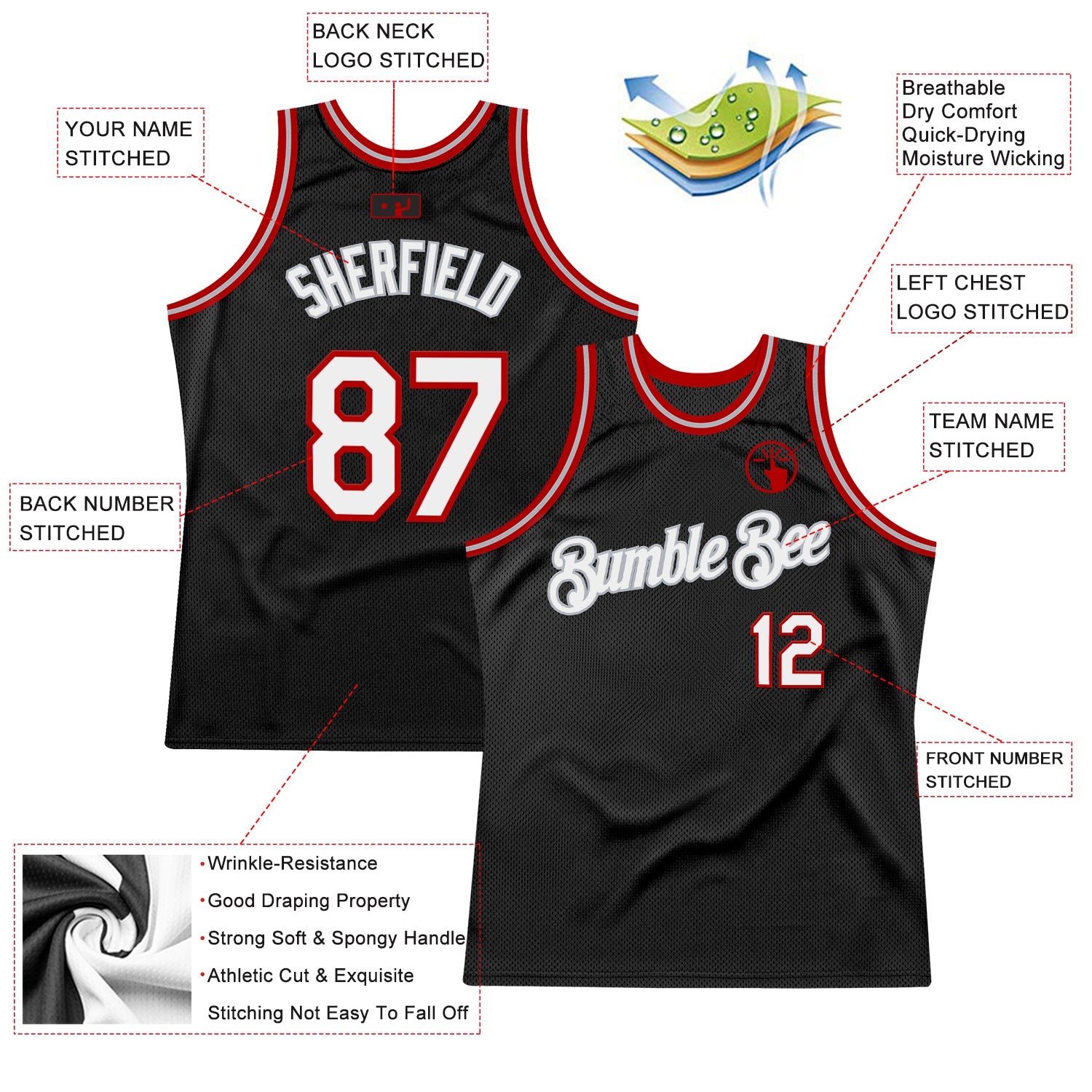 Custom Black White-Red Authentic Throwback Basketball Jersey view 2
