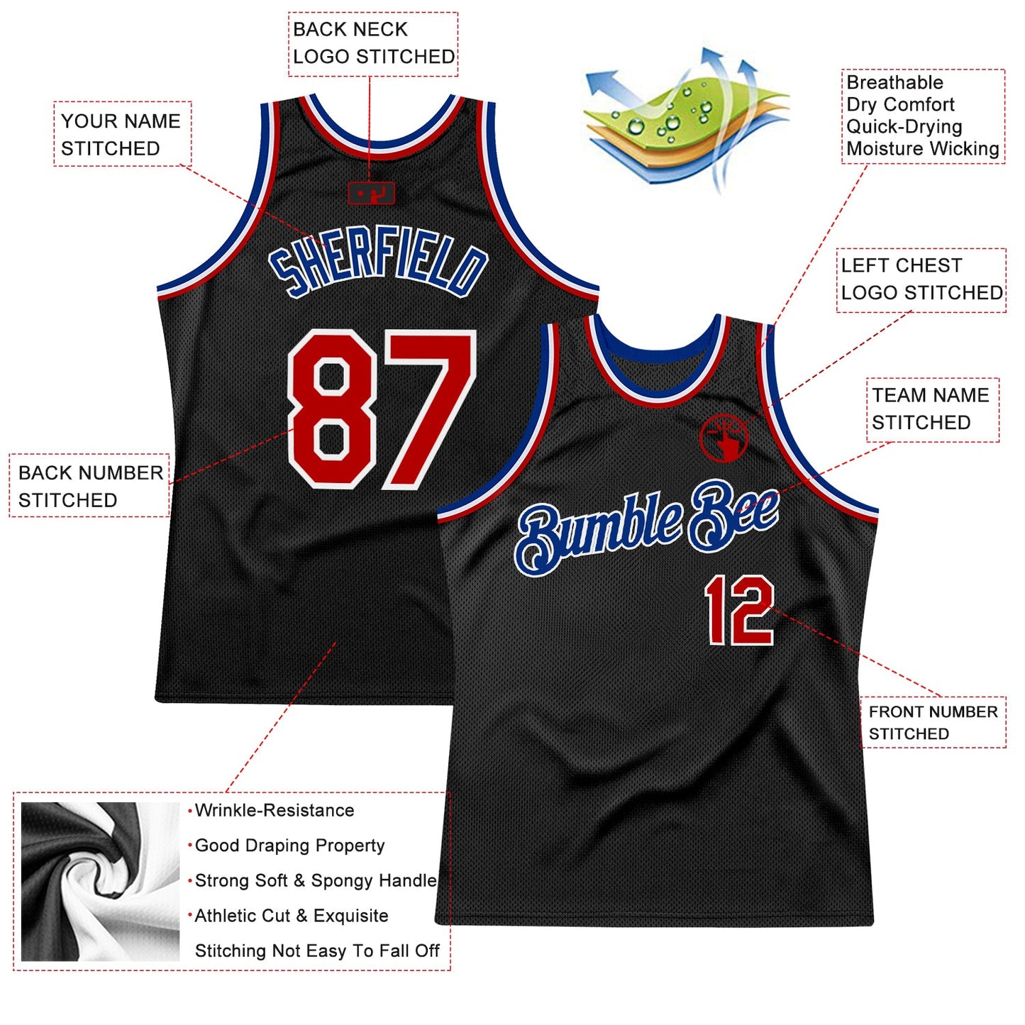 Custom Black Red-Royal Authentic Throwback Basketball Jersey view 2