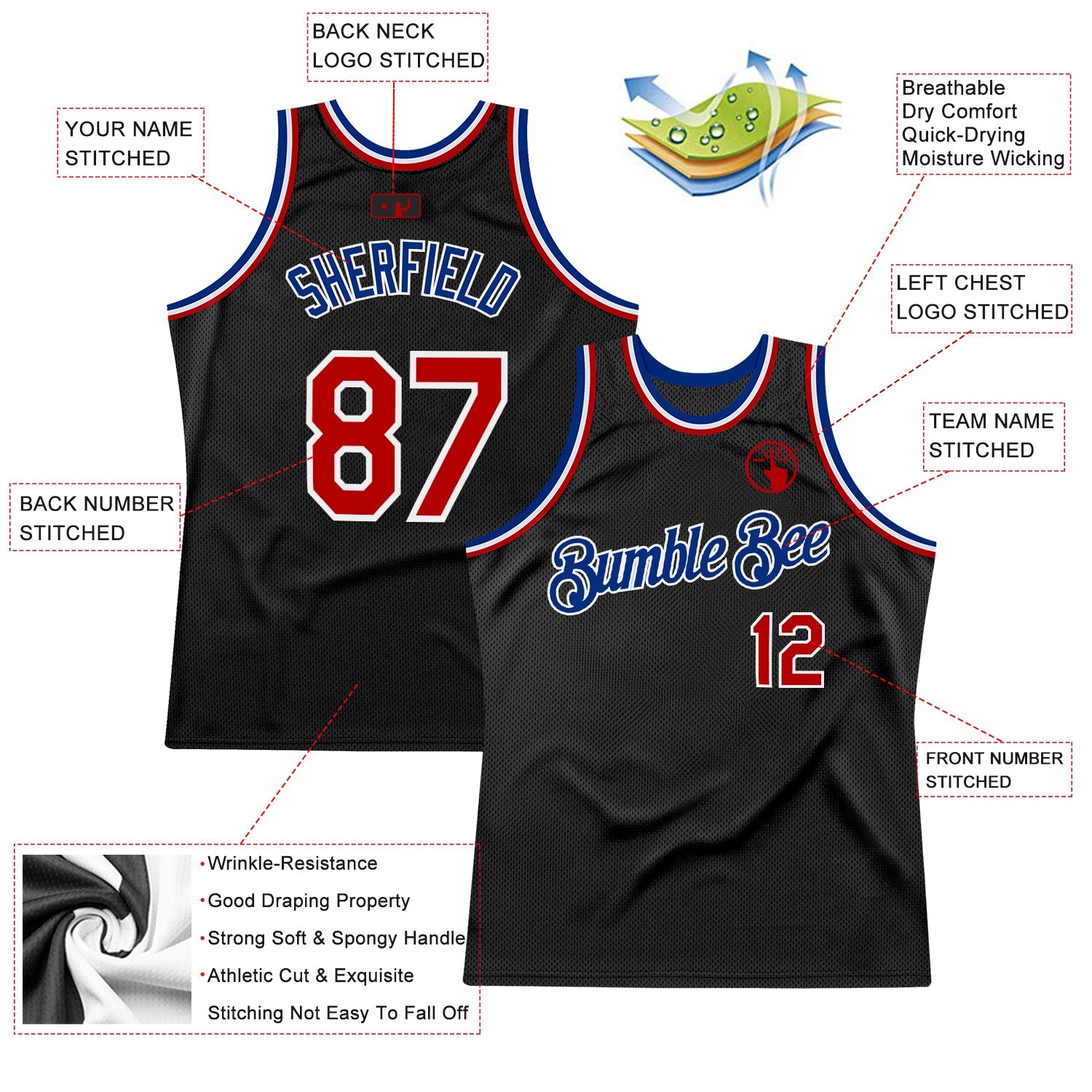 Custom Black Red-Royal Authentic Throwback Basketball Jersey view 2