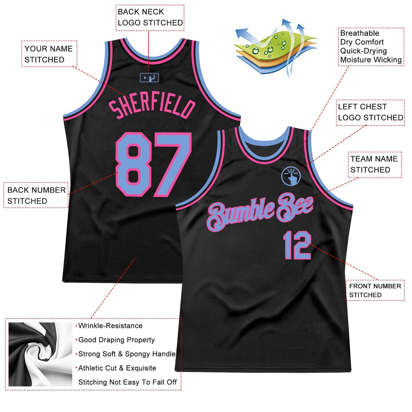 Custom Black Light Blue-Pink Authentic Throwback Basketball Jersey view 2