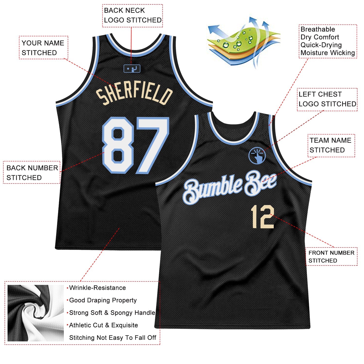 Custom Black White Light Blue-Cream Authentic Throwback Basketball Jersey view 2