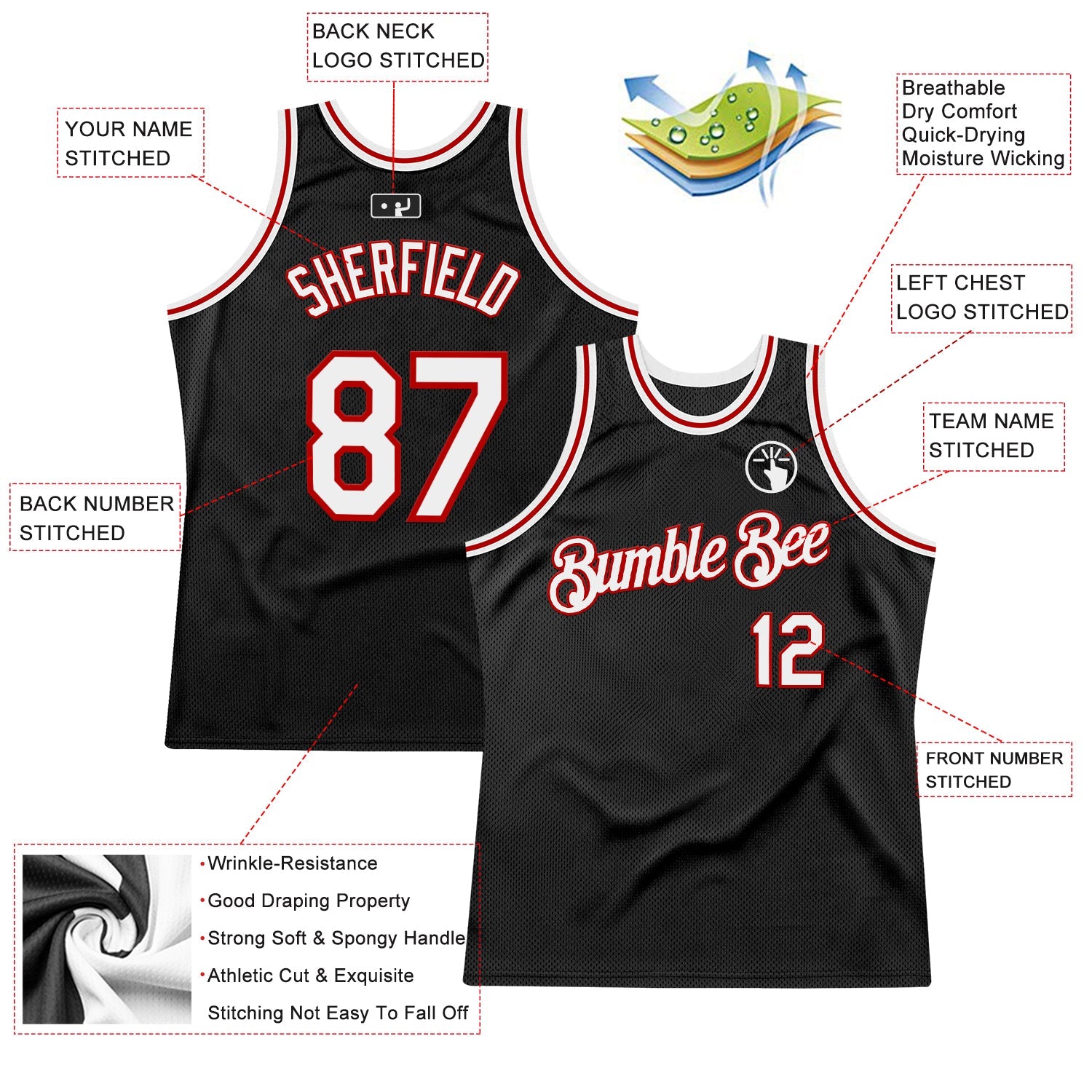 Custom Black White-Red Authentic Throwback Basketball Jersey view 2