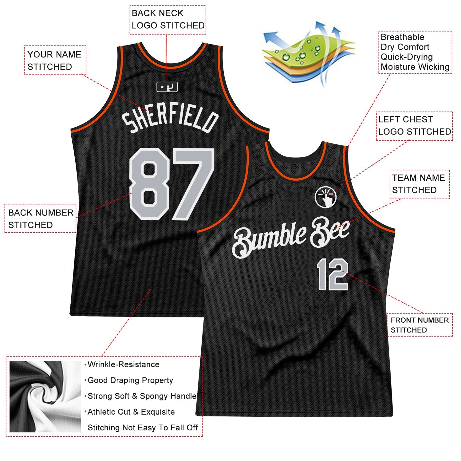 Custom Black Gray-Orange Authentic Throwback Basketball Jersey view 2