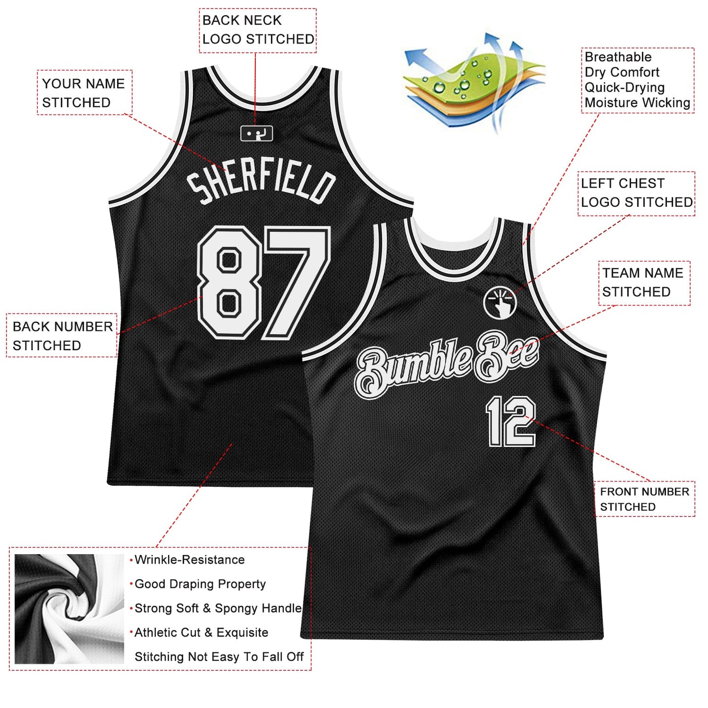 Custom Black White Authentic Throwback Basketball Jersey view 2