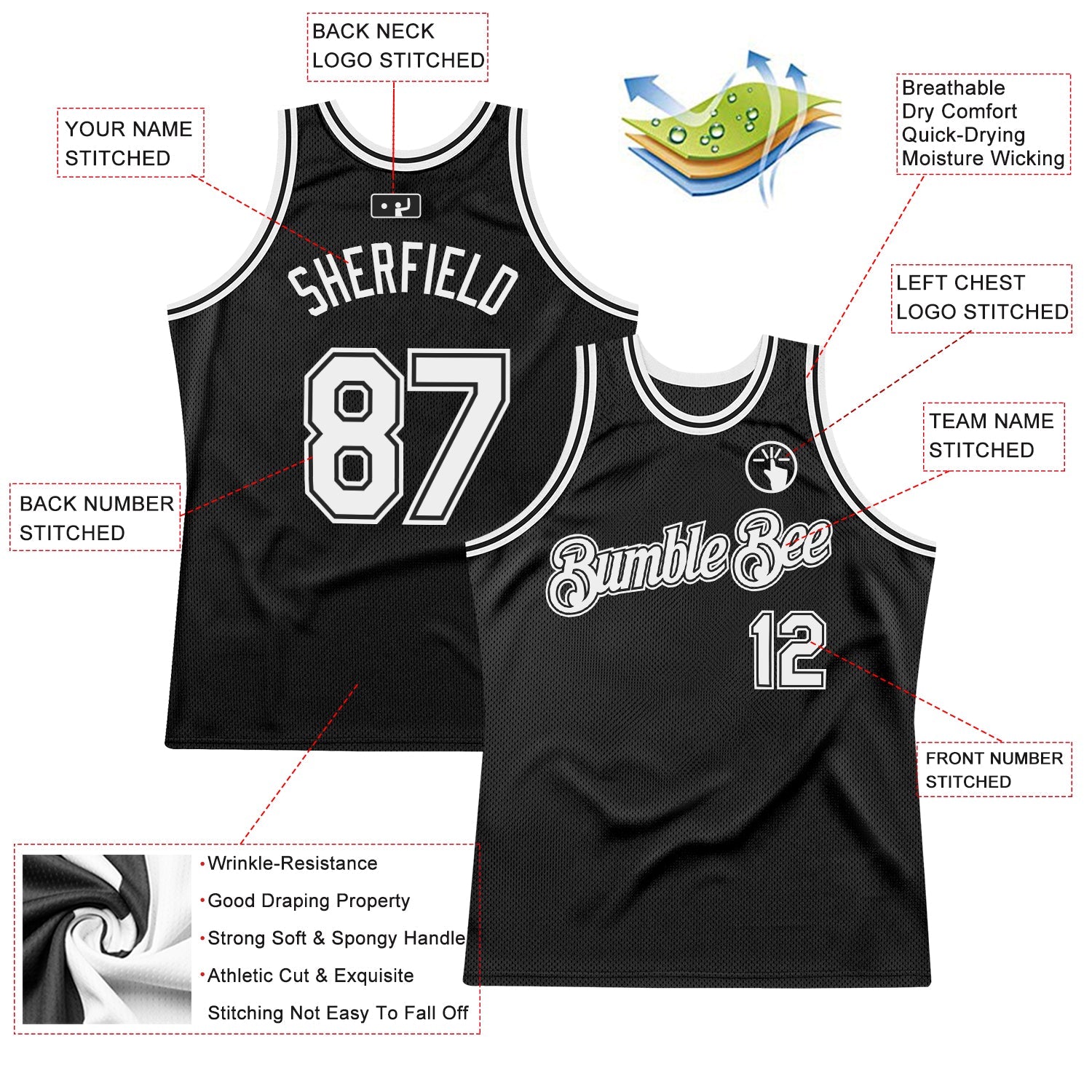 Custom Black White Authentic Throwback Basketball Jersey view 2