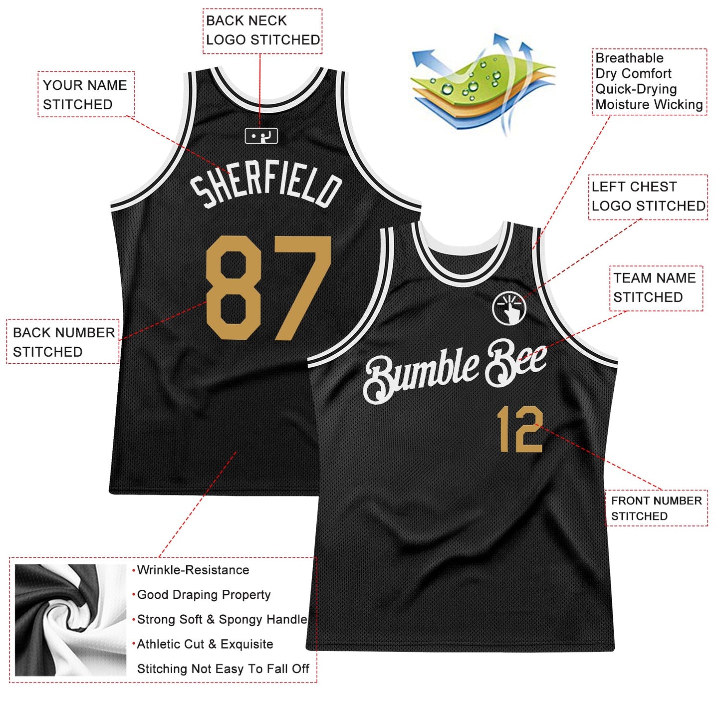 Custom Black Old Gold-White Authentic Throwback Basketball Jersey view 2