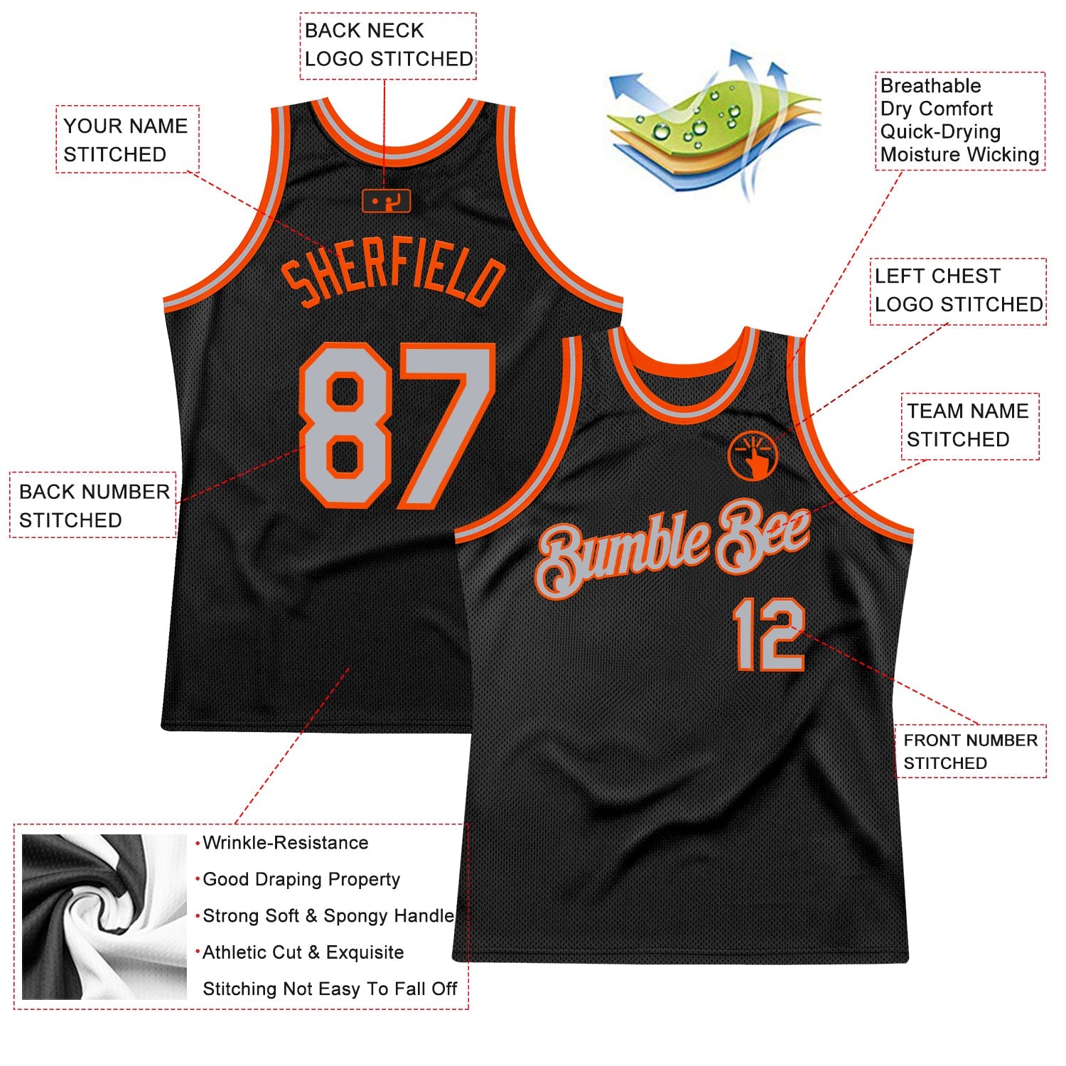 Custom Black Gray-Orange Authentic Throwback Basketball Jersey view 2