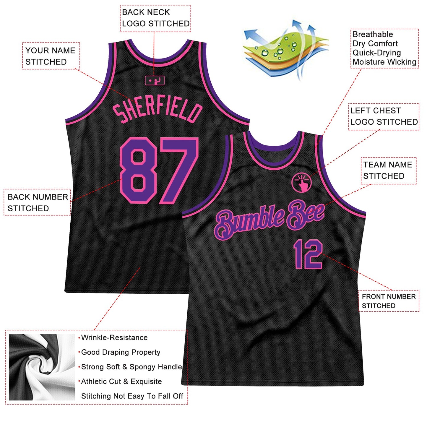Custom Black Purple-Pink Authentic Throwback Basketball Jersey view 2