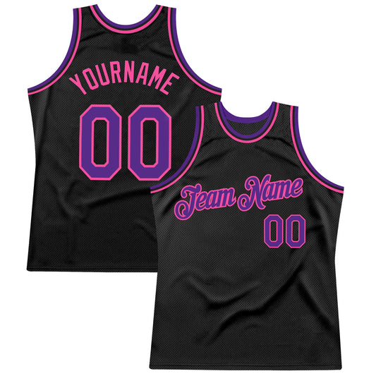 Custom Black Purple-Pink Authentic Throwback Basketball Jersey - Main View