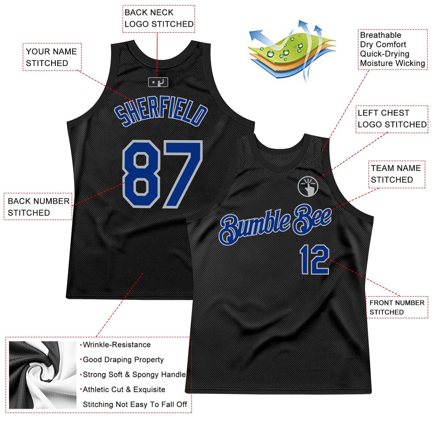 Custom Black Royal-Gray Authentic Throwback Basketball Jersey view 2