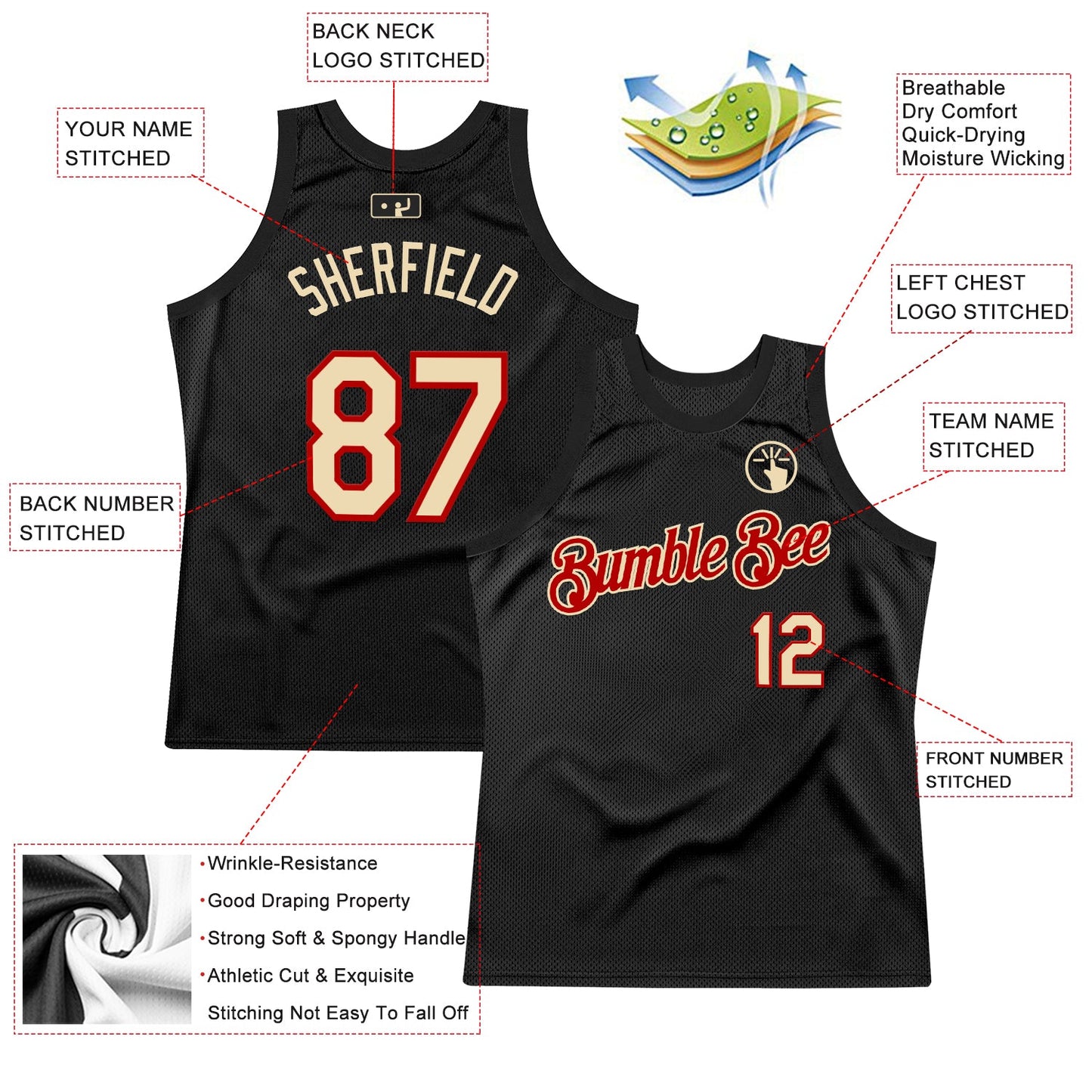 Custom Black Cream-Red Authentic Throwback Basketball Jersey view 2