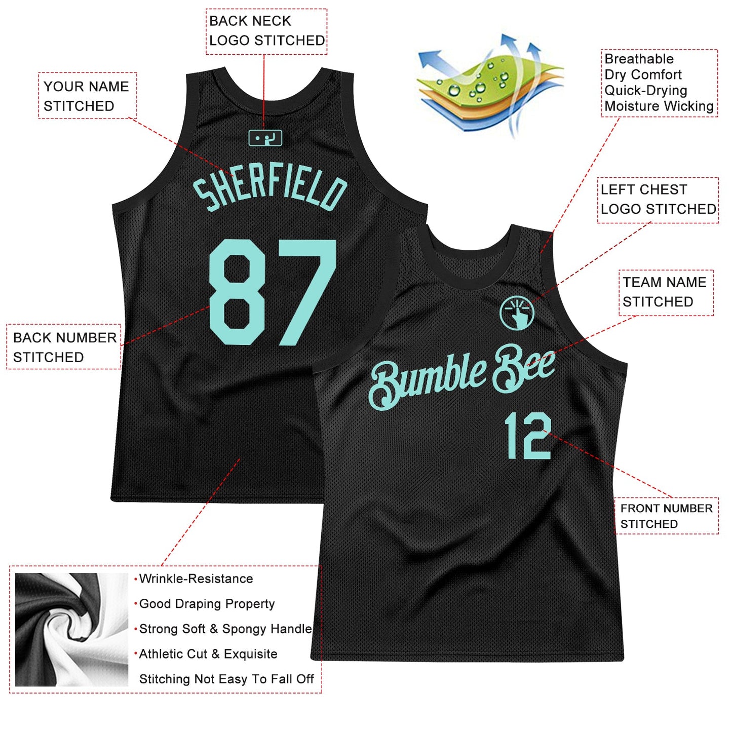 Custom Black Ice Blue Authentic Throwback Basketball Jersey view 2