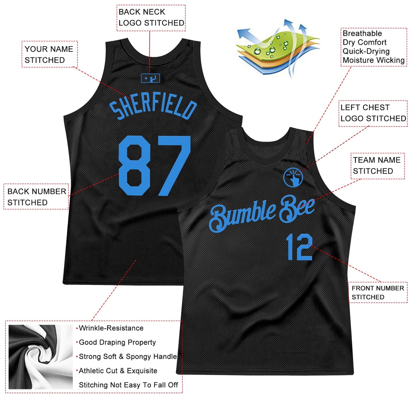 Custom Black Powder Blue Authentic Throwback Basketball Jersey view 2