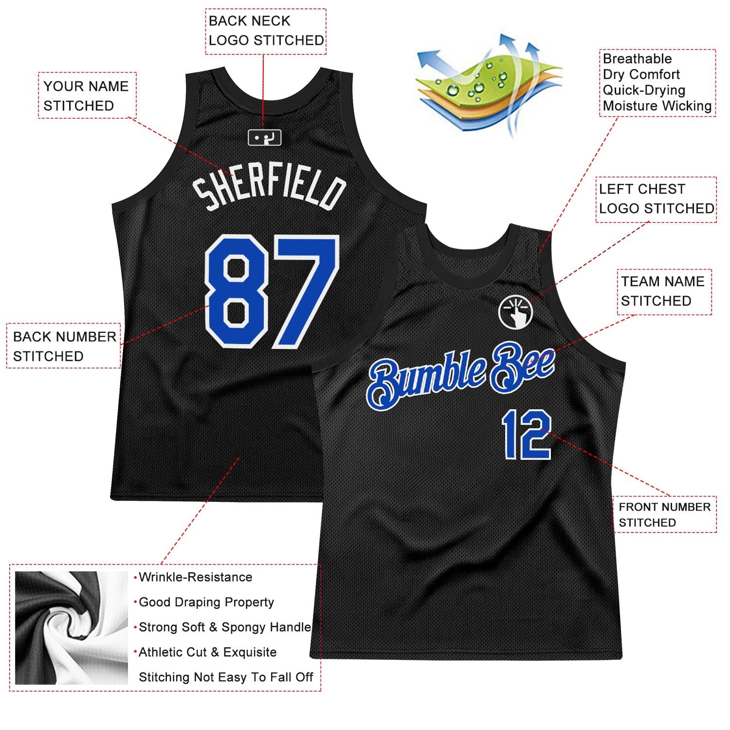 Custom Black Thunder Blue-White Authentic Throwback Basketball Jersey view 2