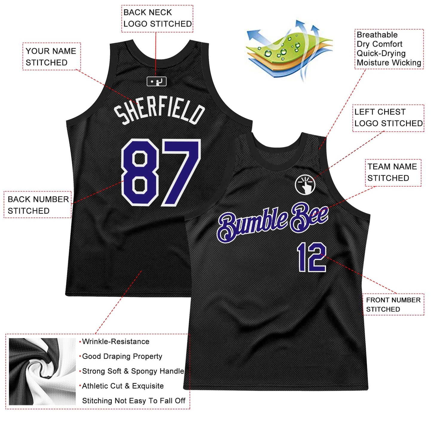 Custom Black Dark Purple-White Authentic Throwback Basketball Jersey view 2