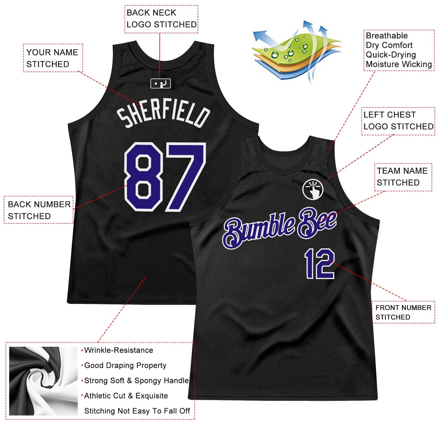 Custom Black Dark Purple-White Authentic Throwback Basketball Jersey view 2