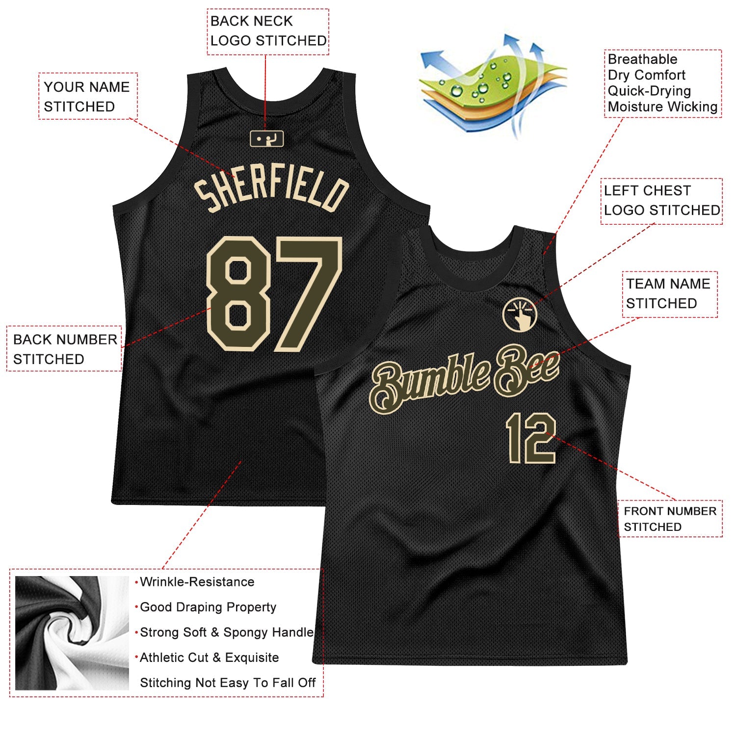Custom Black Olive-Cream Authentic Throwback Basketball Jersey view 2