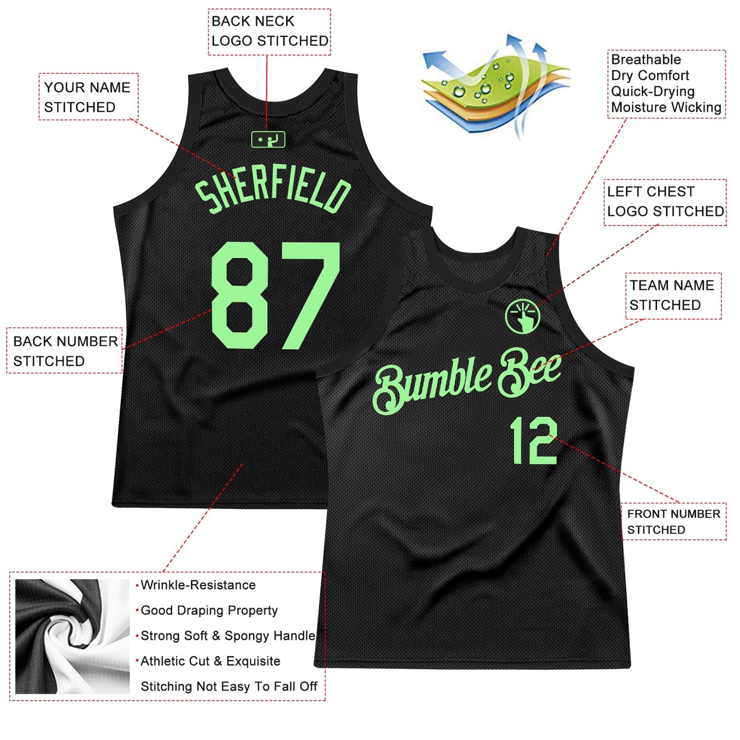 Custom Black Pea Green Authentic Throwback Basketball Jersey view 2