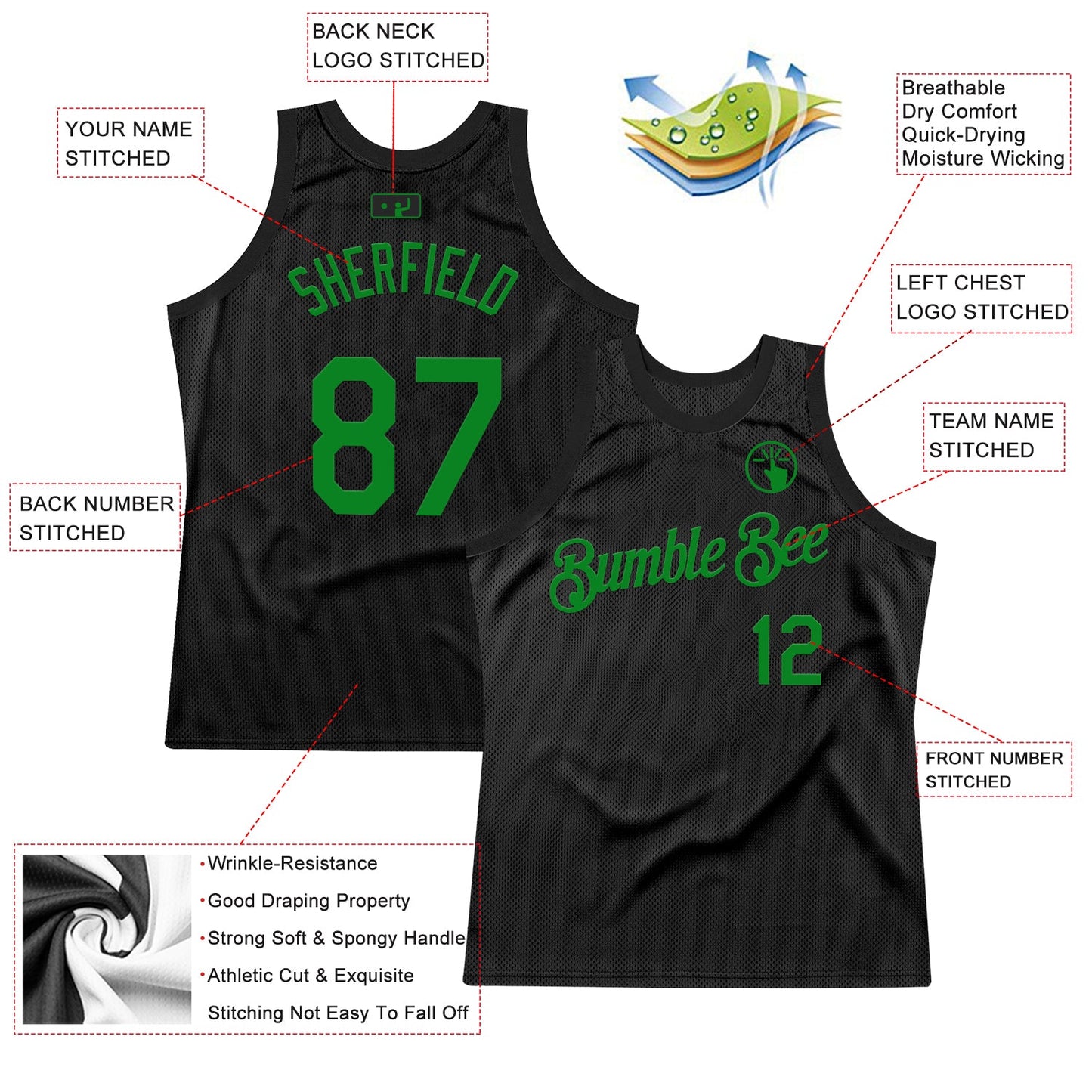 Custom Black Grass Green Authentic Throwback Basketball Jersey view 2