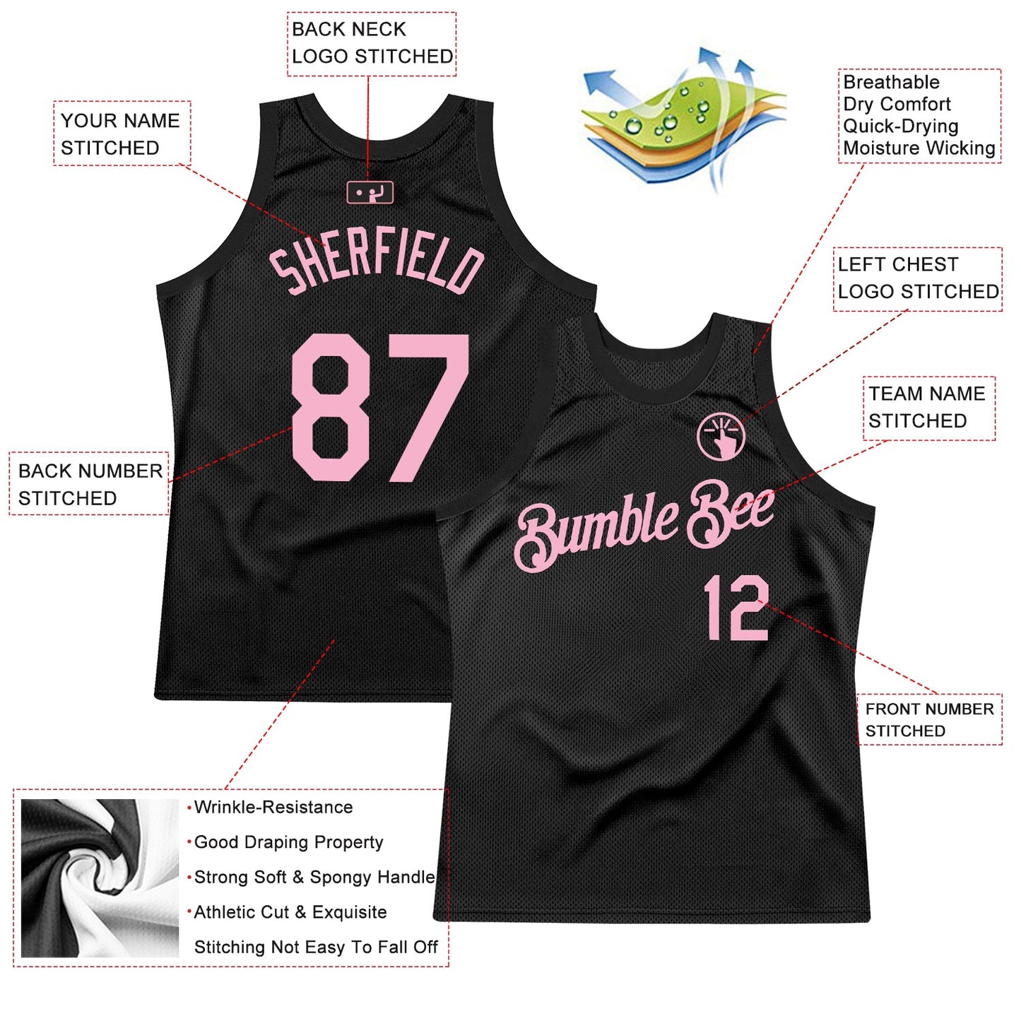 Custom Black Light Pink Authentic Throwback Basketball Jersey view 2