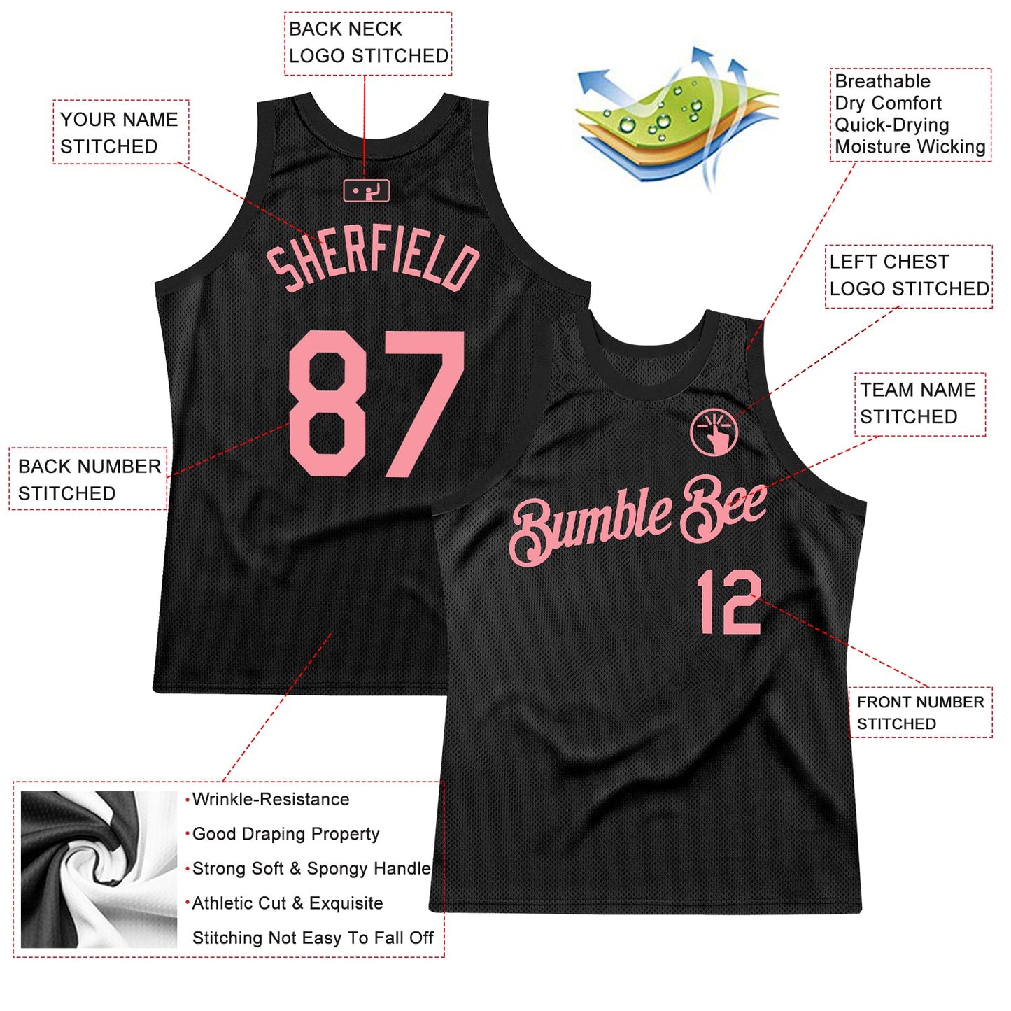Custom Black Medium Pink Authentic Throwback Basketball Jersey view 2