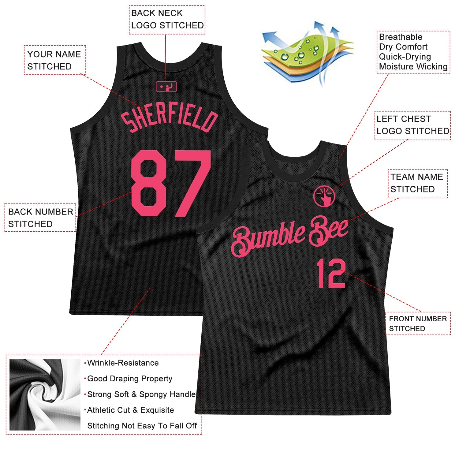 Custom Black Neon Pink Authentic Throwback Basketball Jersey view 2