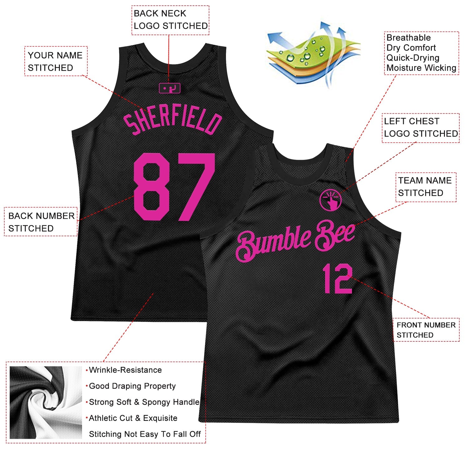 Custom Black Deep Pink Authentic Throwback Basketball Jersey view 2