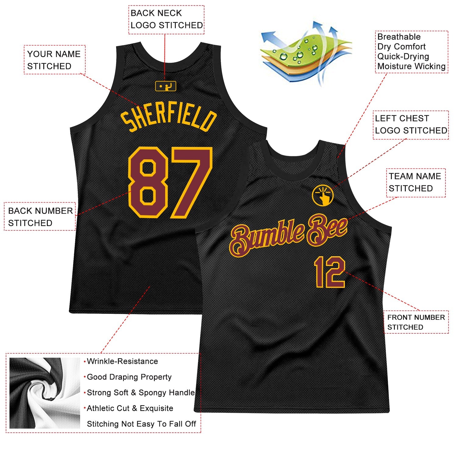 Custom Black Burgundy-Gold Authentic Throwback Basketball Jersey view 2