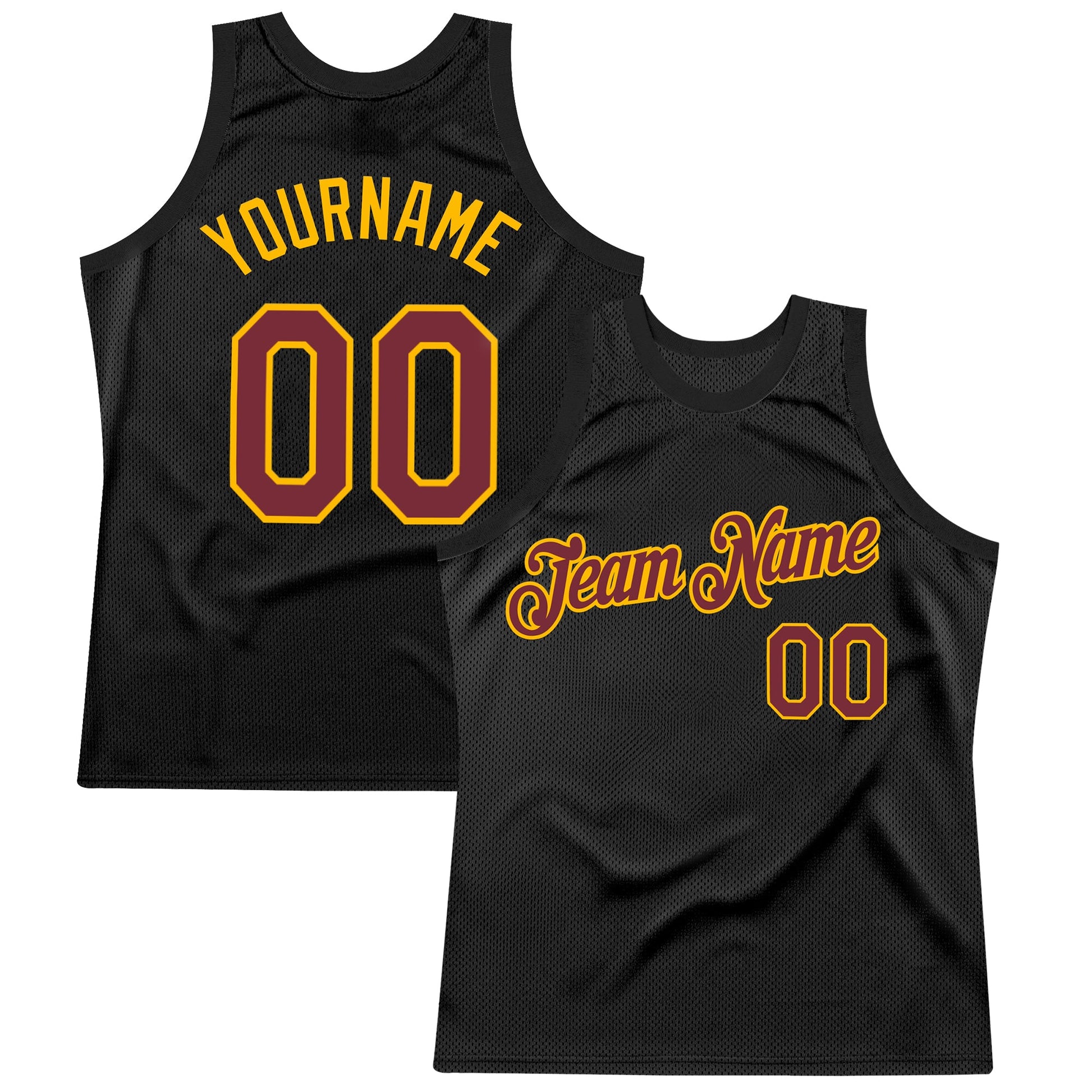 Custom Black Burgundy-Gold Authentic Throwback Basketball Jersey - Main View