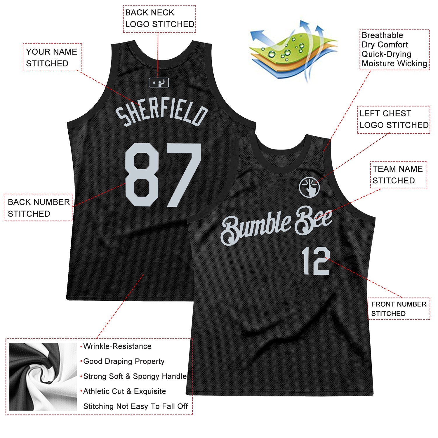 Custom Black Silver Authentic Throwback Basketball Jersey view 2