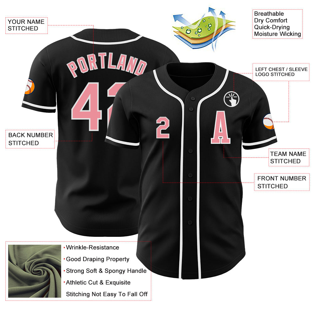Custom Black Medium Pink-White Authentic Baseball Jersey view 2