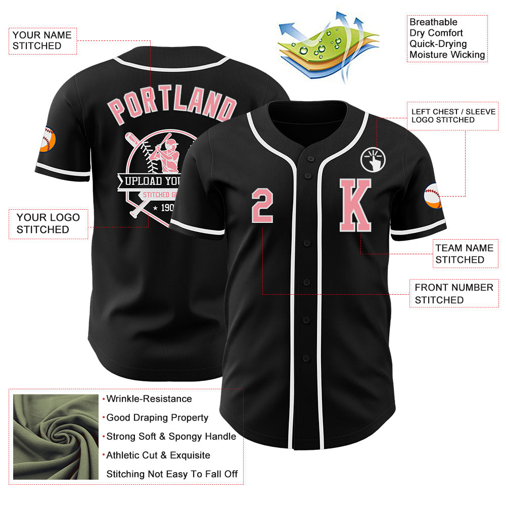 Custom Black Medium Pink-White Authentic Baseball Jersey view 6