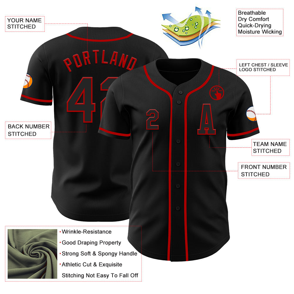 Custom Black Red Authentic Baseball Jersey view 2