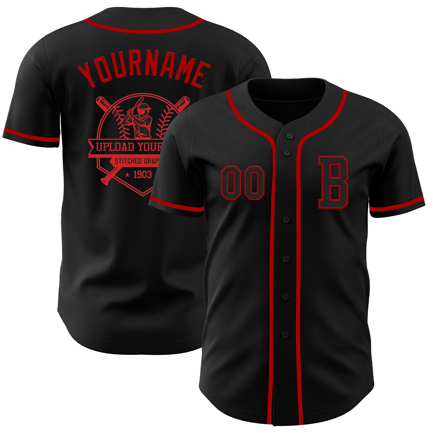 Custom Black Red Authentic Baseball Jersey view 5