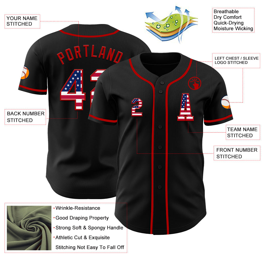 Custom Black USA Flag-Red Authentic Baseball Jersey view 2