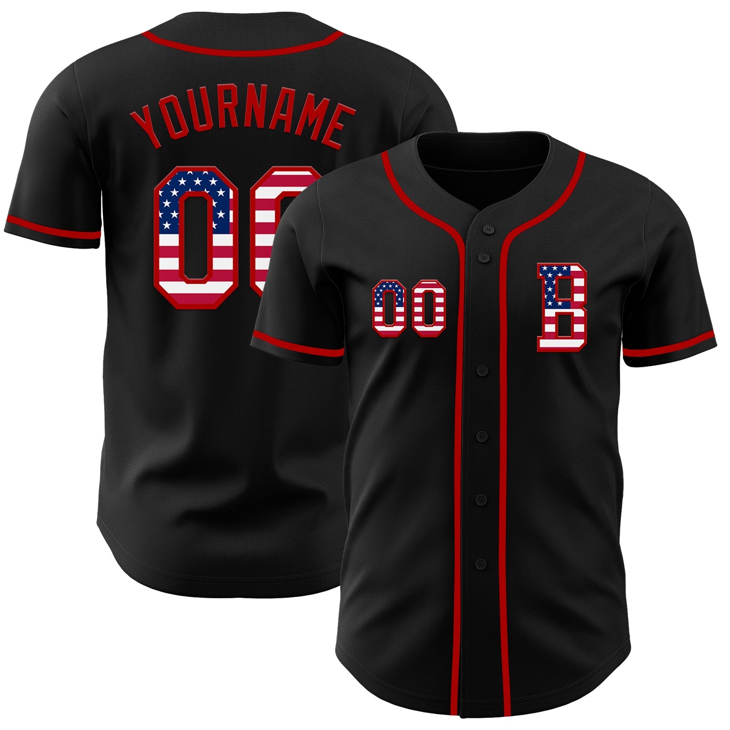 Custom Black USA Flag-Red Authentic Baseball Jersey - Main View