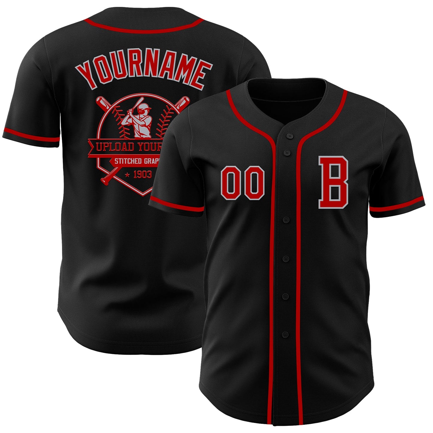 Custom Black Red-Gray Authentic Baseball Jersey view 5