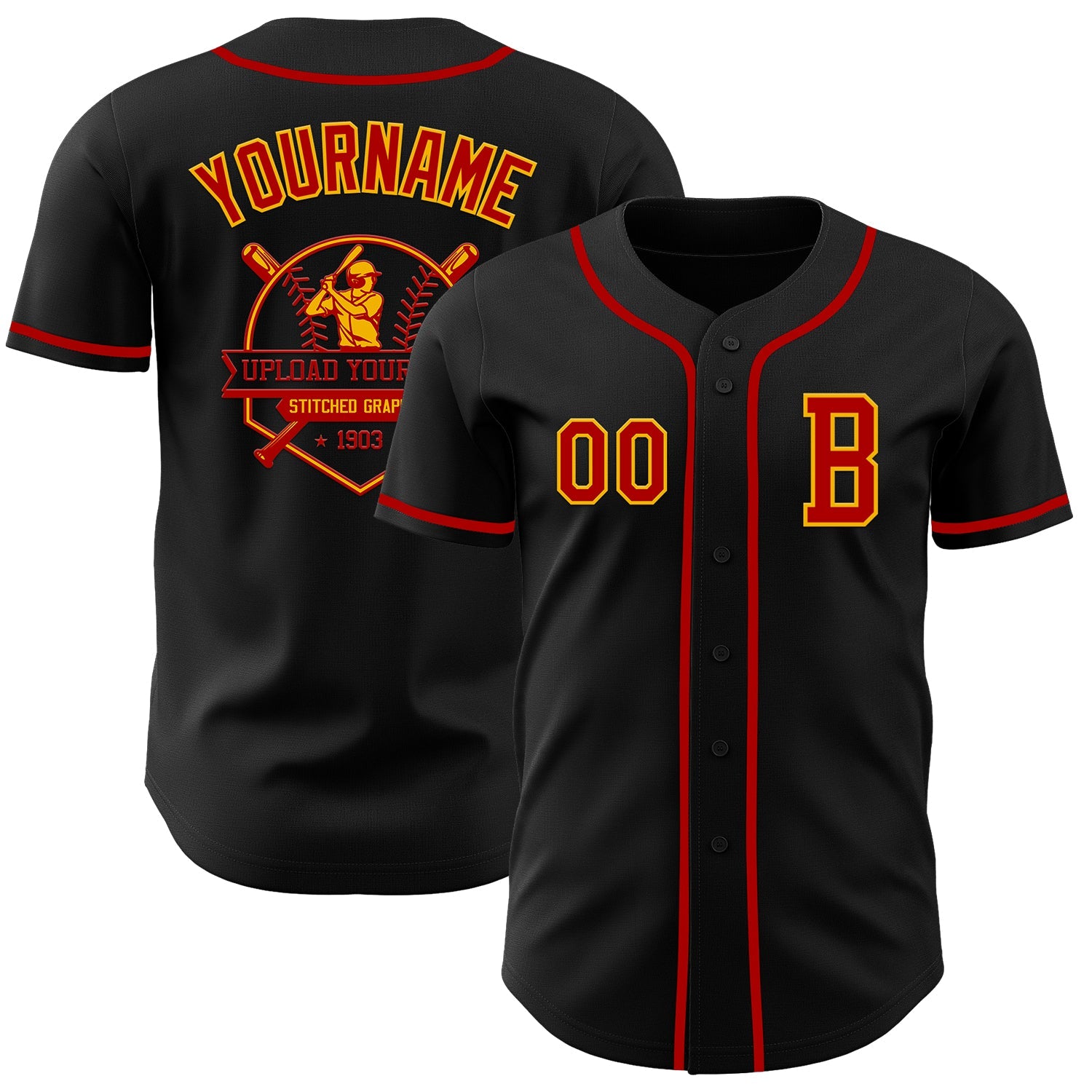 Custom Black Red-Gold Authentic Baseball Jersey view 5