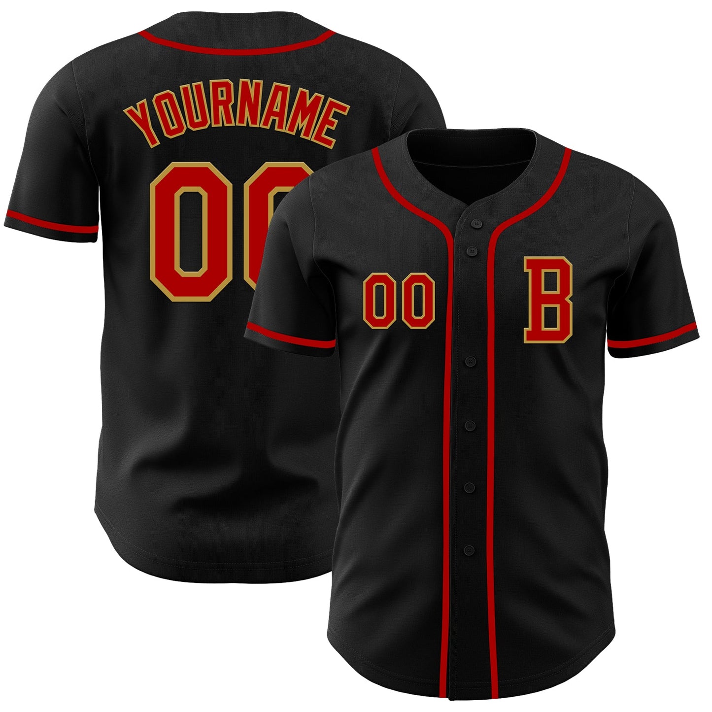 Custom Black Red-Old Gold Authentic Baseball Jersey - Main View