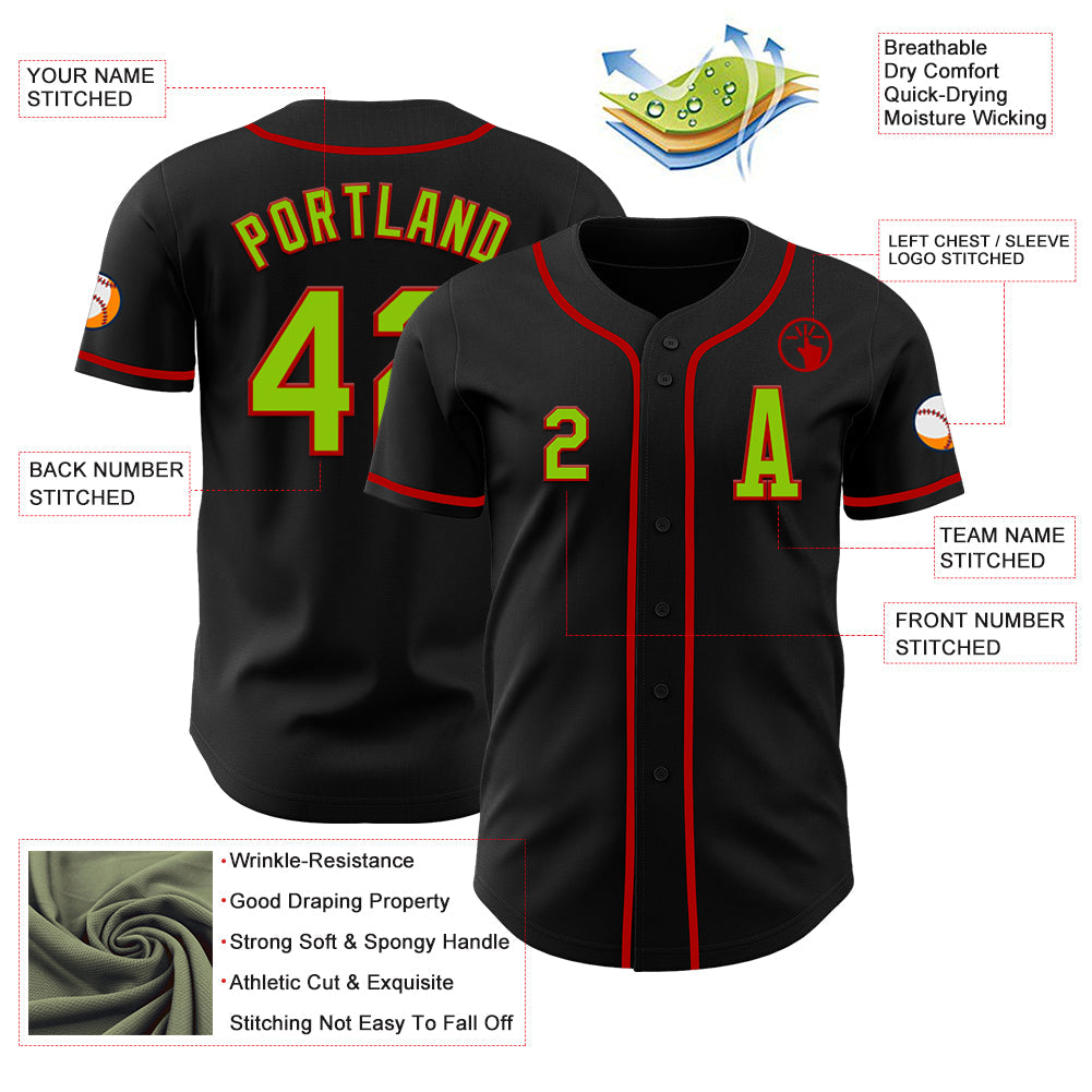 Custom Black Neon Green-Red Authentic Baseball Jersey view 2