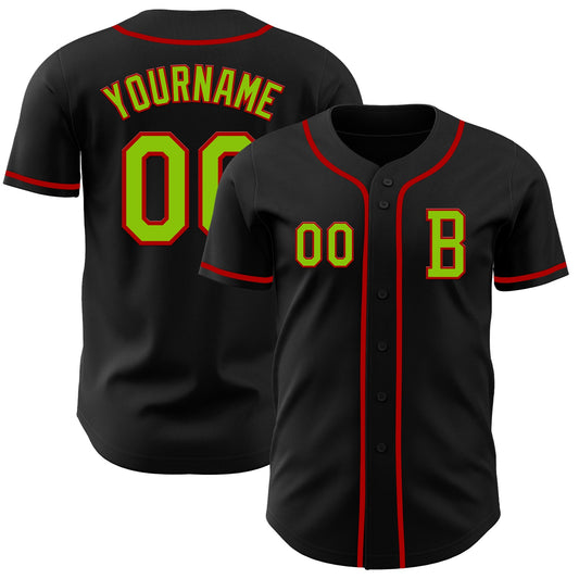 Custom Black Neon Green-Red Authentic Baseball Jersey - Main View