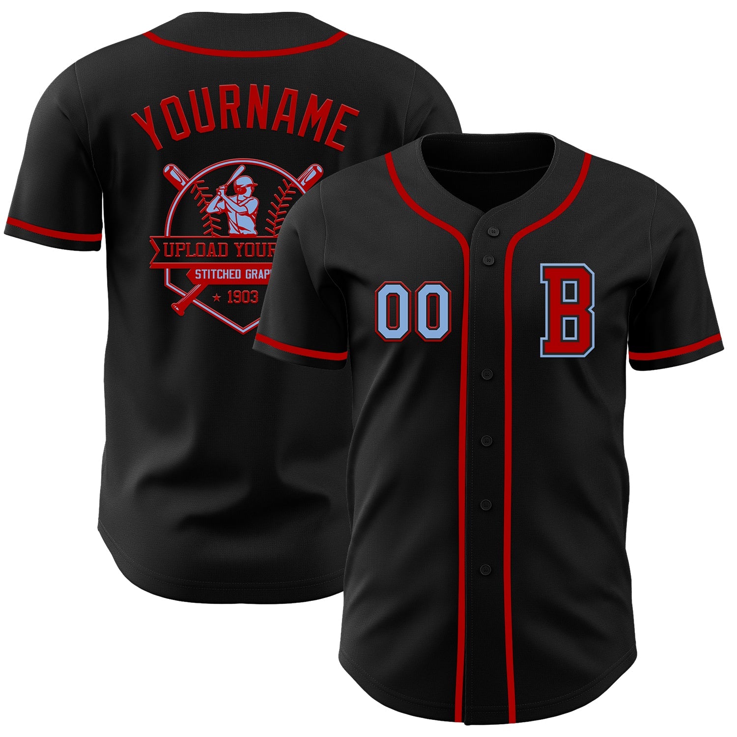 Custom Black Light Blue-Red Authentic Baseball Jersey view 5