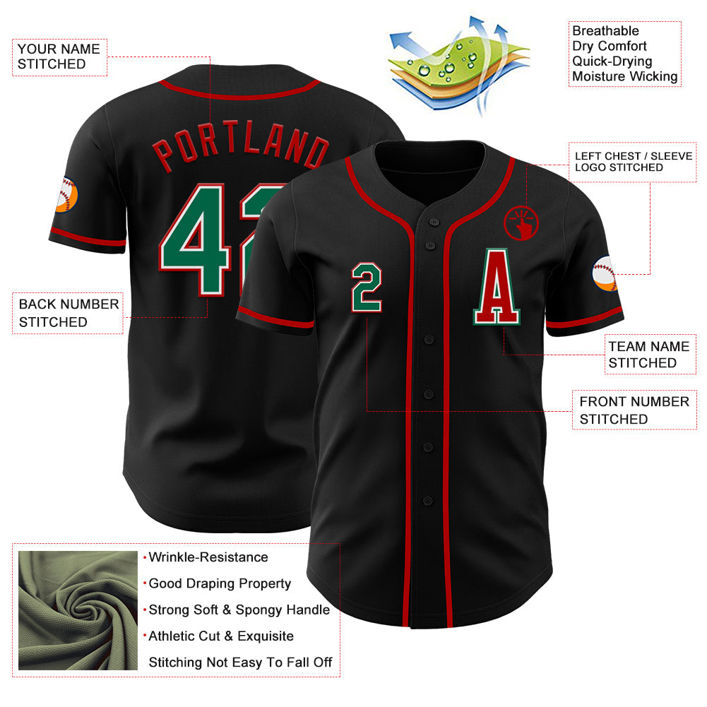 Custom Black Kelly Green-Red Authentic Baseball Jersey view 2
