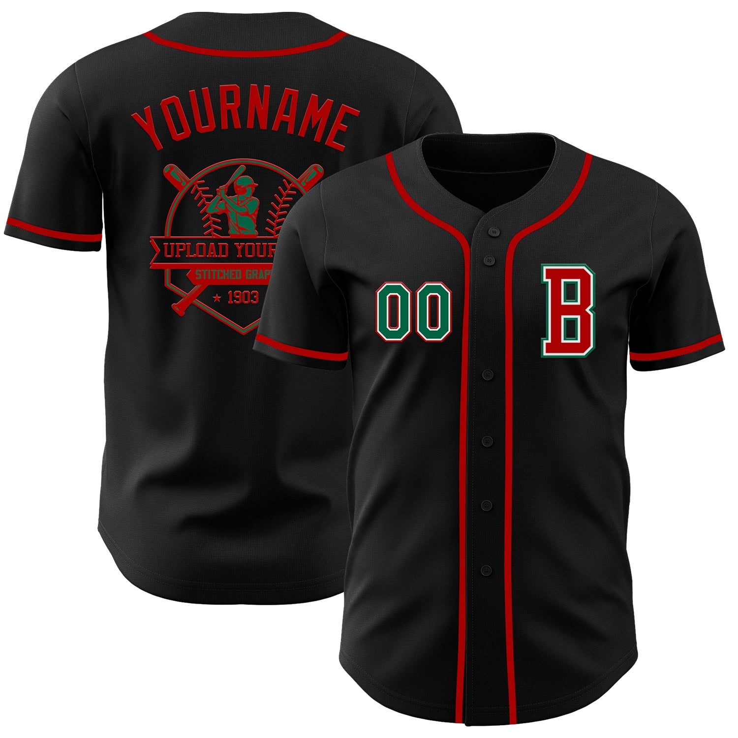 Custom Black Kelly Green-Red Authentic Baseball Jersey view 5