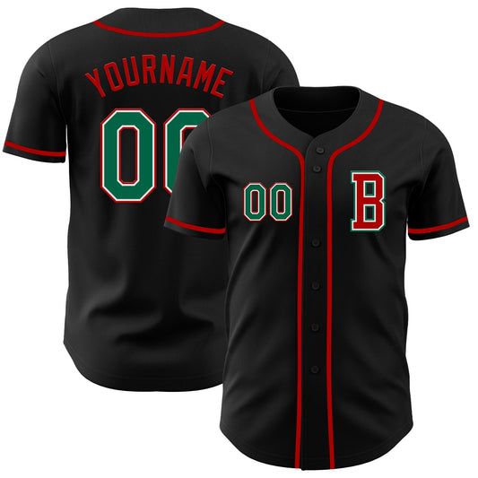 Custom Black Kelly Green-Red Authentic Baseball Jersey - Main View
